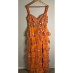 Orange Sequin Tulle Tiered Ball Gown Sweetheart Maxi Prom Formal Dress S/M